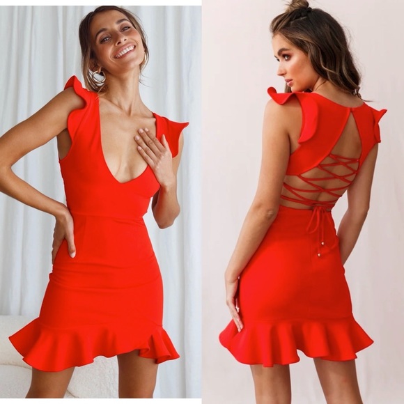 Selfie Leslie Dresses & Skirts - SELFIE LESLIE Scarlet Red Ruffle Take Note Frill Dress Sexy Party club Wedding